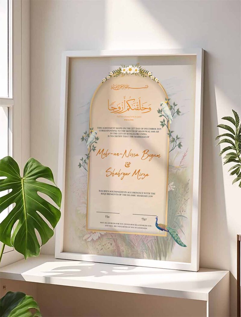 Birds Theme Nikkah Certificate with White Wooden Frame
