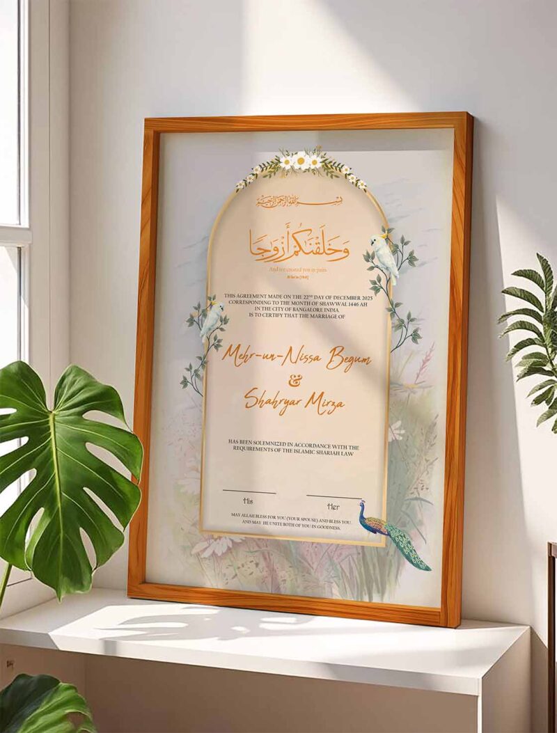 Birds Theme Nikkah Certificate with light brown Wooden Frame