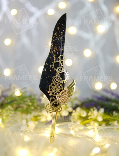 Vintage Quill Nikkah Pen with Feather - Black Gold Metallic Material