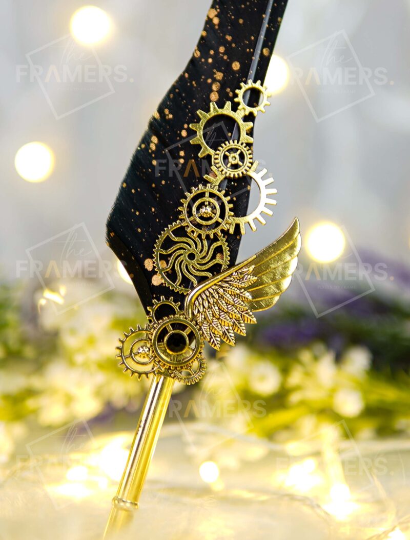 Vintage Quill Nikkah Pen with Feather - Black Gold Metallic