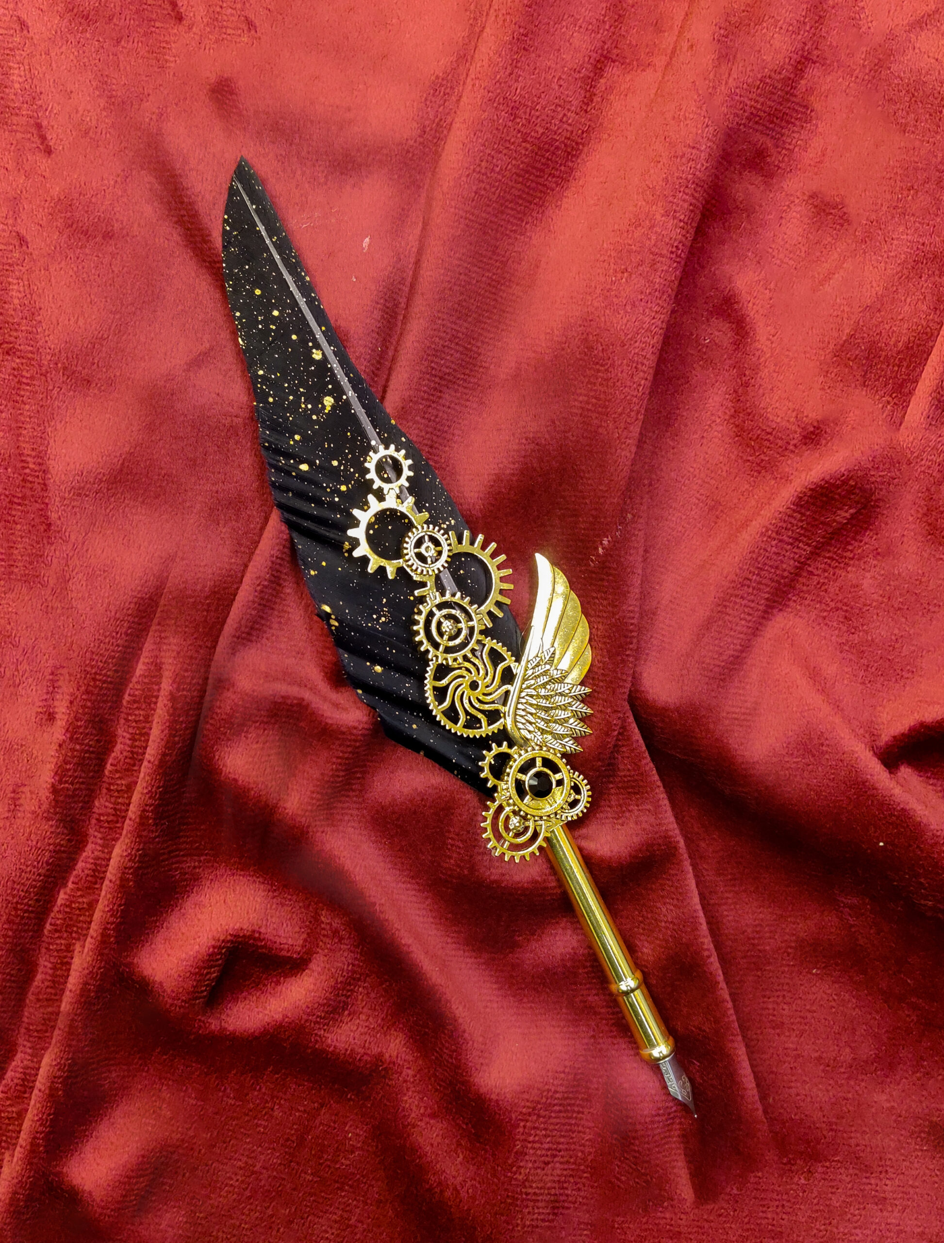 Vintage Quill Pen with Feather - Black Gold Metallic Dip Pen