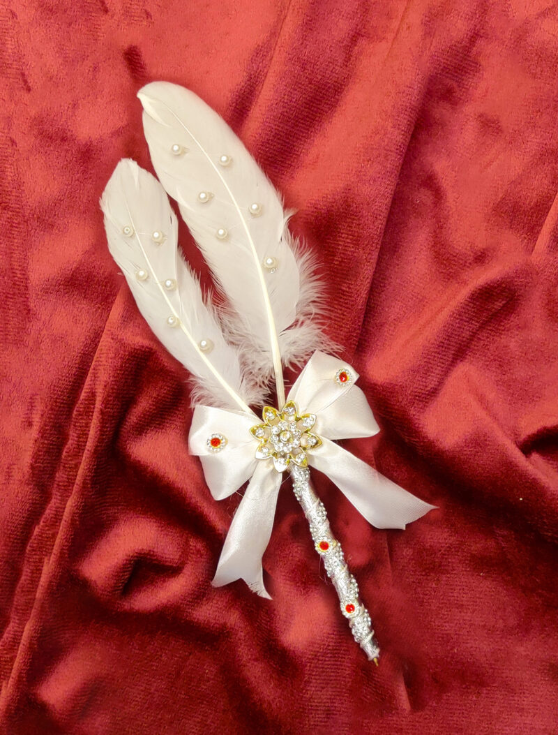 White Bow Nikkah Pen Design with Feathers