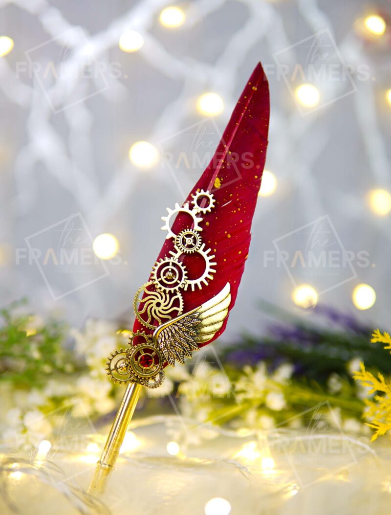 Quill Feather Luxury Metallic Nikkah Pen with Red Gold Feather