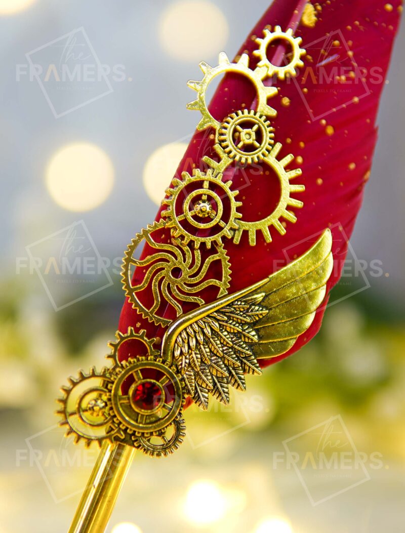 Quill Feather Metallic Nikkah Pen with Red Gold Feather (Imported)