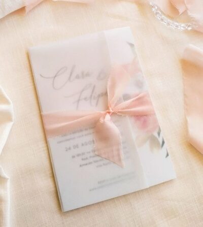 Simple Floral Vellum Wrap Wedding Card (Pink Ribbon)