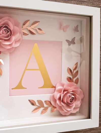 Personalized Monogram Shadow Box with 3D Roses (Pink & Gold)