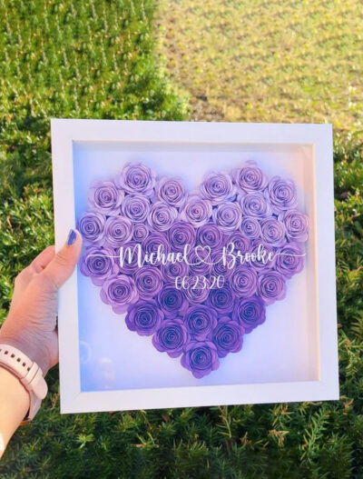 Personalized Heart Flower Shadow Box with Names (Purple)
