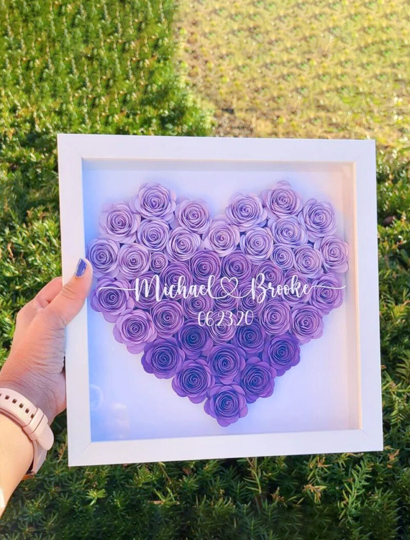 Personalized Heart Flower Shadow Box with Names (Purple)
