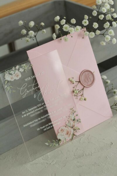 Romantic Pink Floral Acrylic Card with Wax Seal