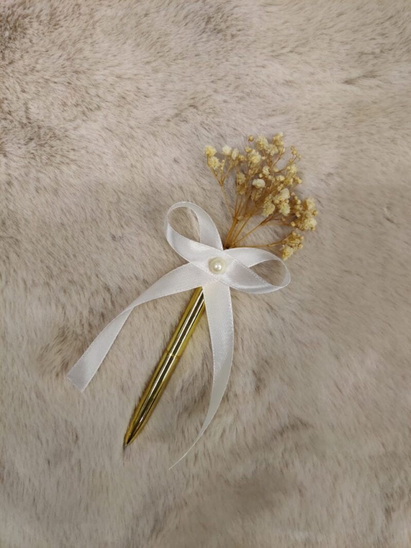 Metal Pen with Baby Breath Flowers and White Bow