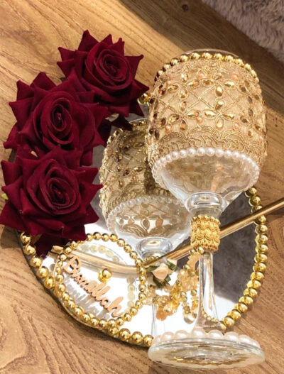 Luxe Gold Lace Doodh Pilai Glass Set with Heart Mirror Tray