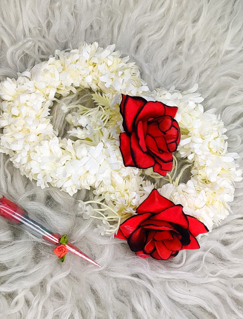 Classic Artificial Motia Gajra with Red Roses (Pair)