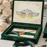 Regal Emerald Velvet Invitation Box with Custom Venue Painting