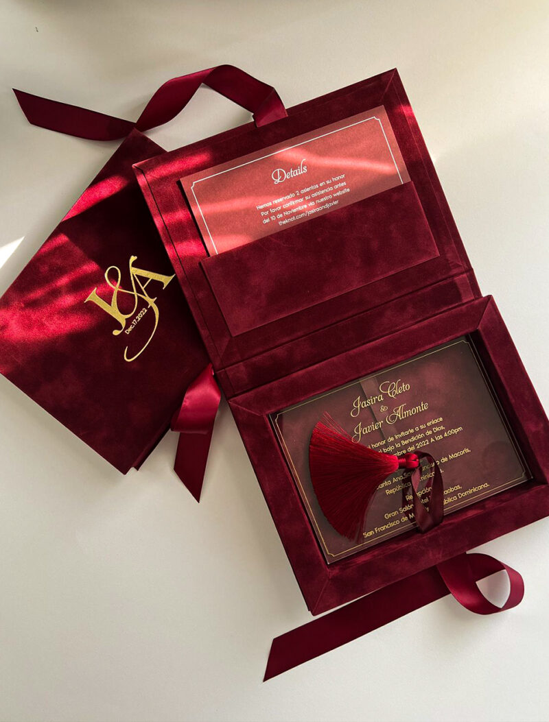 Burgundy Velvet Invitation Folio with Gold Monogram & Acrylic Card