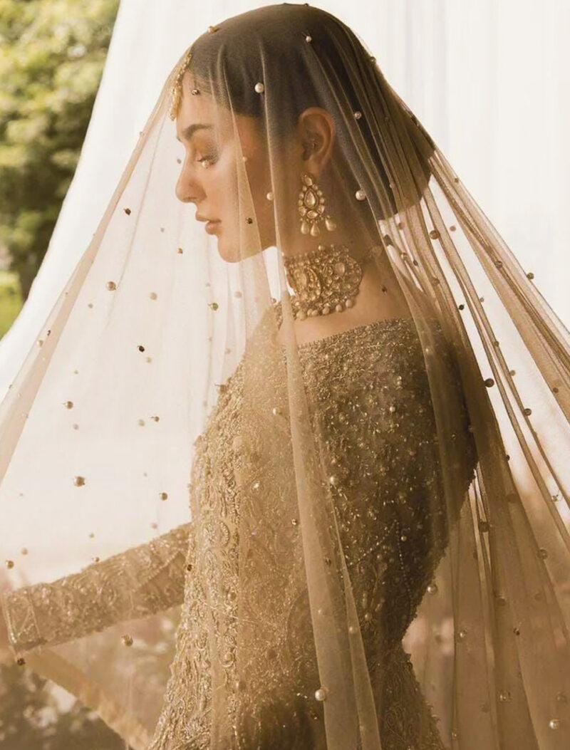 Ethereal Pearl Nikkah Veil Dupatta (Beige/Gold Sheer Net)