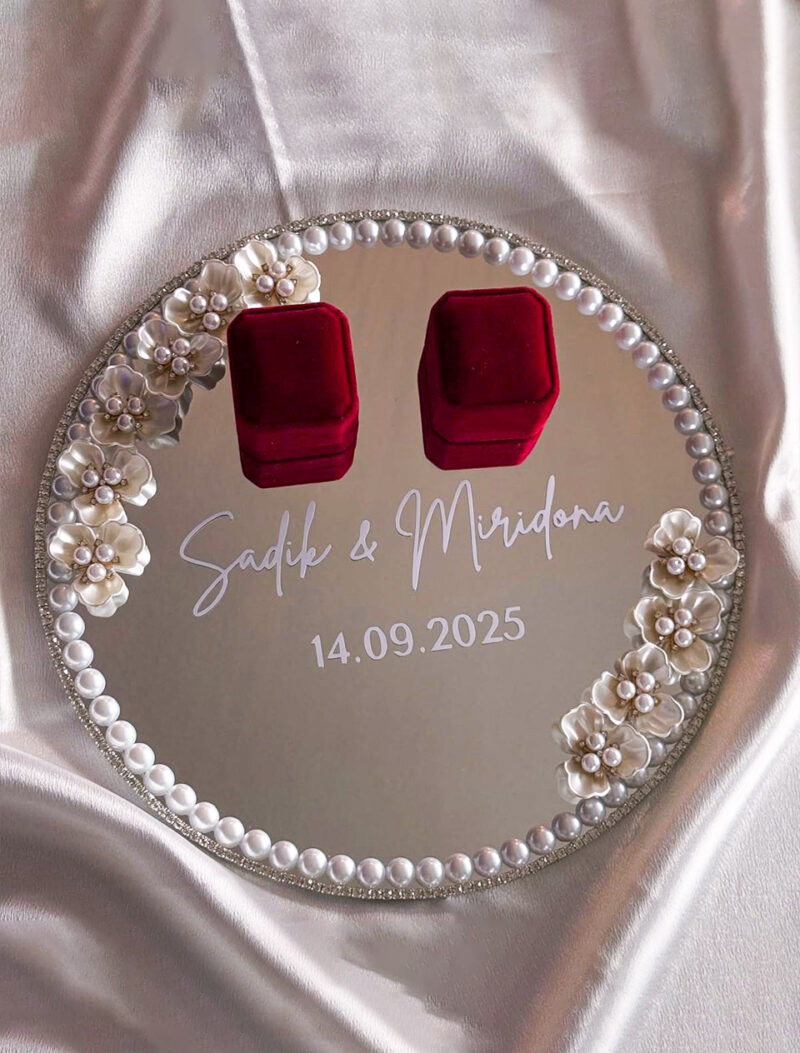 Elegant Pearl Flower Ring Tray with Custom Names