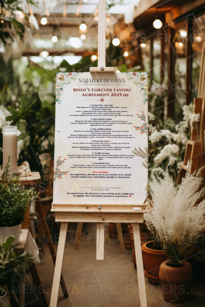 Custom "Bride's Favors" Fun Wedding Contract Board