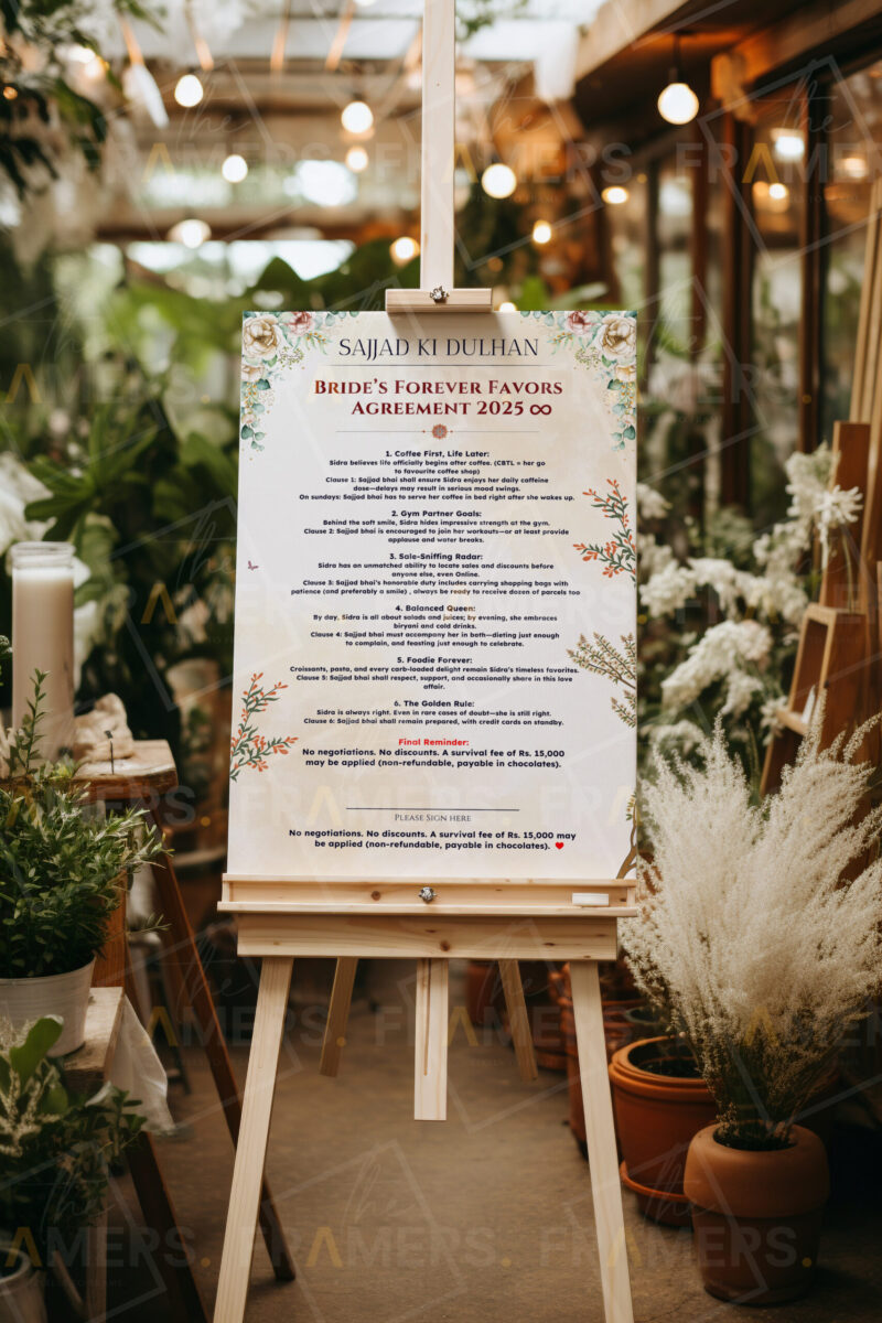 Custom "Bride's Favors" Fun Wedding Contract Board